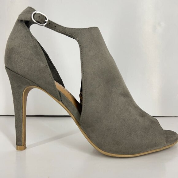 Christian Siriano Taupe / Green Faux Suede Open Toe High Heels Sz 8.5 - Picture 7 of 15